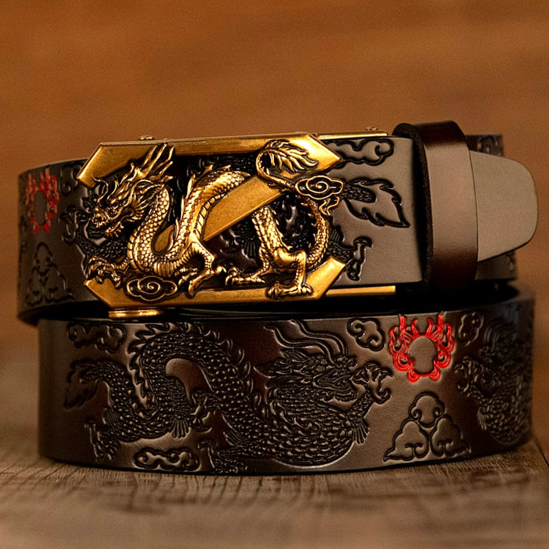 Voguable Male Genuine Leather Belts Casual Ratchet Belt with Automatic Buckle Luxury Design Dragon Pattern Belts for Business Men Strap voguable