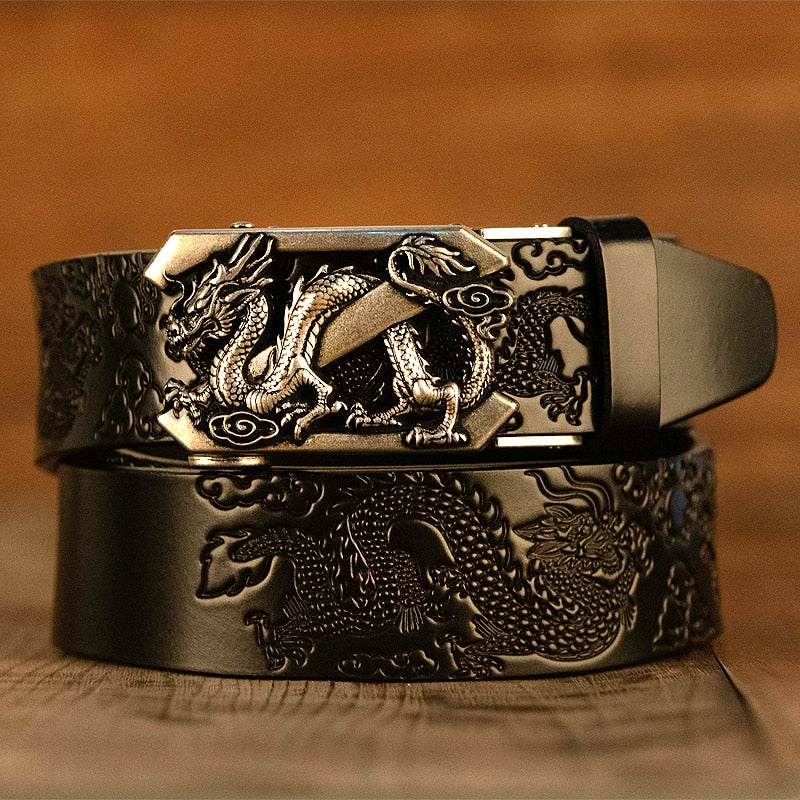 Voguable Male Genuine Leather Belts Casual Ratchet Belt with Automatic Buckle Luxury Design Dragon Pattern Belts for Business Men Strap voguable