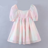 Voguable Sweet Women Multicolor Tie Dye Princess Party Dresses Sexy Square Neck Puff Sleeve Organza Dress Summer Short Vestido voguable