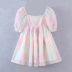 Voguable Sweet Women Multicolor Tie Dye Princess Party Dresses Sexy Square Neck Puff Sleeve Organza Dress Summer Short Vestido voguable