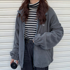 Voguable Harajuku Women Zip-up Hoodies Plus Velvet Fleece Warm Winter Sweatshirts Jacket Casual Loose Stand Collar Oversized Hoodie 2020 voguable