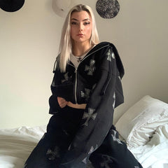 Voguable 2022 Winter Goth Rhinestone Y2K Zip Up Oversized Sweatshirts  Hoodies Pull Grunge Hooded Women Retro Jacket Streetwear Coat voguable