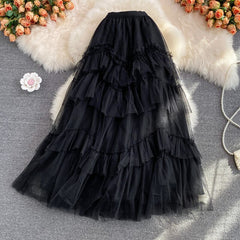 Autumn Vintage Purple/Khaki/Black Ruffle Mesh Skirt Women Sweet High Waist A-Line Irregular Party Draped Faldas Female Saias New voguable