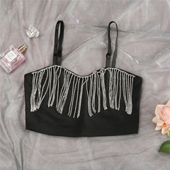 Voguable  Fashion Sexy Clubwear Diamond Tassel Crop Tops Sleeveless T Shirts Sexy Slim Lady Bralette Tops Strap Skinny Female Tee voguable