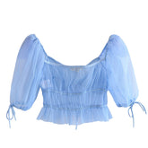 Voguable New Women Blue Tulle Transparent Sexy Crop Blouse Ladies Puff Sleeve Sweet Bow Summer Slim Tops voguable