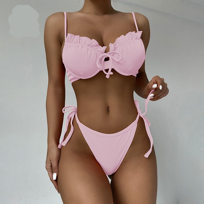 Voguable Ruffle bikini set Push up swimsuit women's swimming suit Ribbed swimwear female 2021 Solid bathing suit String 2 pieces voguable
