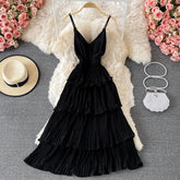 Summer Green/Pink/Red Pleated Spaghetti Strap Dress Women Sexy V-Neck High Waist Sleeveless Cascading Ruffle A-Line Draped Robe voguable