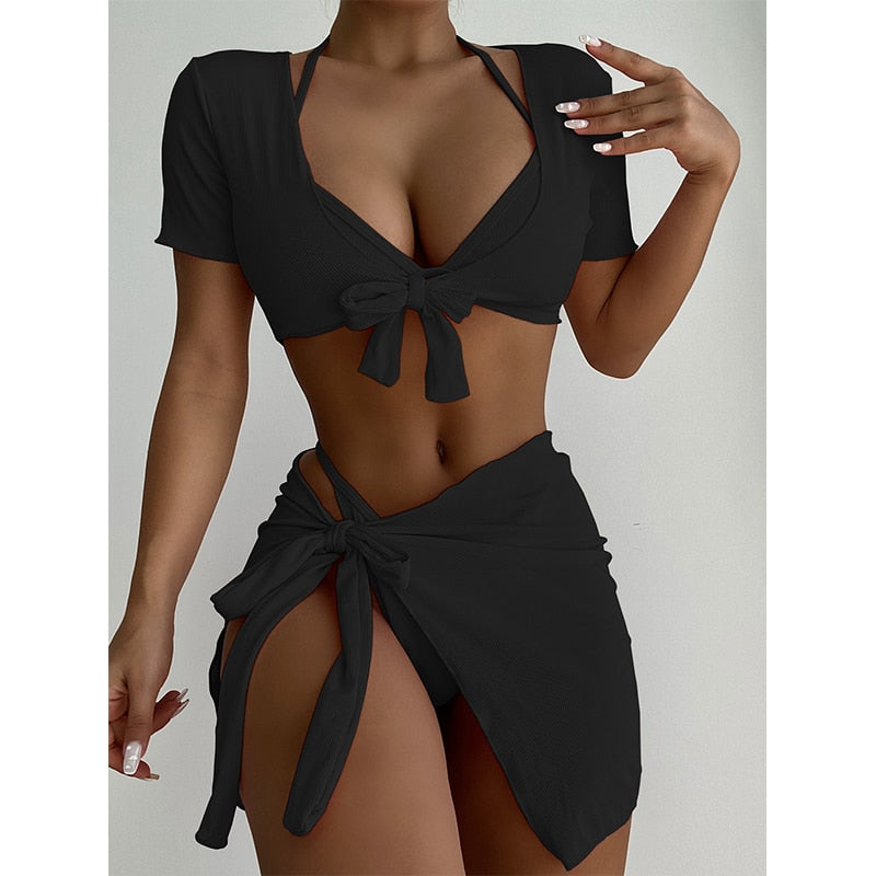 Voguable String bikinis 2022 mujer High cut women’s swimsuit Triangle swimwear female Solid 4 pieces set bathing suit beach wear voguable