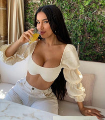 Voguable Square Collar Fashion Wave Lantern Sleeve Blouse Shirts Sexy Backless Summer Cropped Top Blouse Women Blusas Chic voguable