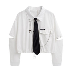 Voguable Fashion Punk Style Women Shirt Gothic Harajuku Dark Tie And Chain Long Sleeve Split Goth Design Streetwear Blouse Girl Crop Top voguable