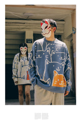 Voguable Cute Cartoon Cat Sweater for Women O-neck Knitted Men's Autumn Winter New Loose Fit Couple Pullovers Lady Knit Coat voguable