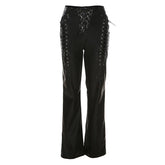 Women PU Leather Pants Vintage Punk 90s Lace Up Hollow Out High Waist Drawstring Bandage Trousers Cut Out Club Streetwear Autumn voguable