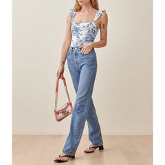 Beach Vacation Summer Tops For Women Fashion Elegant Vintage Swallow And Floral Print Crop Top Ruffle Strap Sexy Cami Top voguable