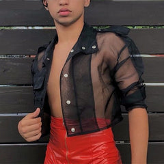 Voguable Tops 2022 Stylish Men's Sexy Blouse American Style See-through Party Nightclub Breathable Mesh Short Thin Shirts S-5XL 7 voguable