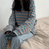 Spring And Autumn Couples Striped Women's Long-Sleeved T-Shirt Korean Version Of The Bottoming Shirt Students Loose Tops voguable
