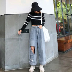 Voguable Woman Jeans Spring 2022 High Waist Ripped Jeans Big Size Fashion Women Clothes Wide Leg Denim hole Blue Streetwear Loose Pants voguable