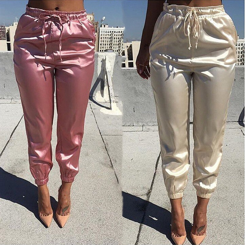 Voguable Elastic High Waist Pants Women Brand Jogger Sweatpants Satin Fashion Pink Pencil Pants Streewear Fitness Trousers Pantalon Femme voguable