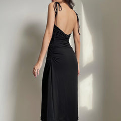 Darlingaga Fashion Strappy Ruched Sexy Black Dress Irregular Elegant Backless Long Dress Party Summer Dresses Women 2021 Clothes voguable