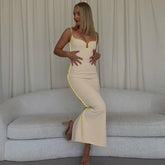 Hugcitar Bright Line Decoration Slip Backless U Neck Skinny Maxi Dress 2022 Spring Bodycon Fashion Y2K Streetwear Outfits voguable