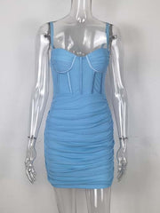 Women Sexy Low Neck Corset Mini Dress Fashion Mesh Ruched Outfit Club Wear Solid Summer Street Party Baby Blue Dress voguable