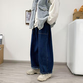 Men Wide Leg Jeans Baggy Retro Blue Japanese Simple Leisure Stylish Soft All-match Pocket Large Size S-3XL Solid New-fashion Hot voguable