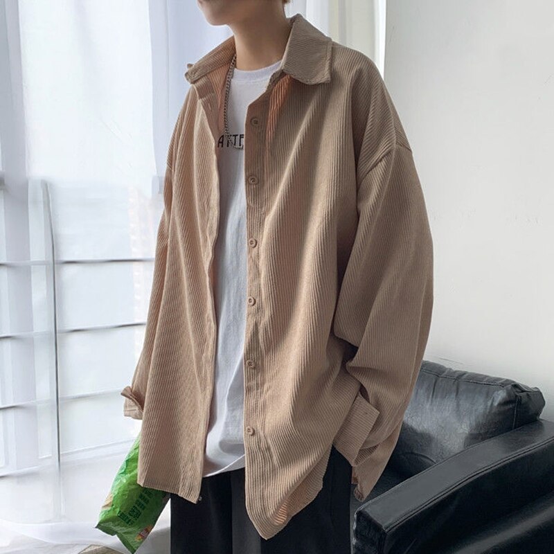 Voguable Spring Men Clothing Corduroy Shirt Long Sleeve Khaki Pure Color Casual Loose Handsome All-match Harajuku Japanese Fashion voguable