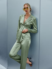 Voguable Fashion satin silk two piece sets office lady High street lace up blazer suits women Solid straight long pant sets 2022 voguable