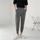 2021 New Summer Men's White Suit Pants Korean Stylish Trousers Male Elastic Waist Solid Tapered Ankle Length Casual Pants Man voguable