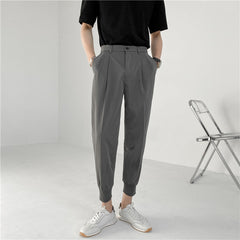 2021 New Summer Men's White Suit Pants Korean Stylish Trousers Male Elastic Waist Solid Tapered Ankle Length Casual Pants Man voguable