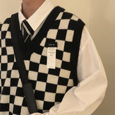 Voguable New Autumn Arctic Velvet Checkerboard Pattern Men's Sweater Vest Retro V-neck Sleeveless Knit Vest Woolen Korean Clothes voguable