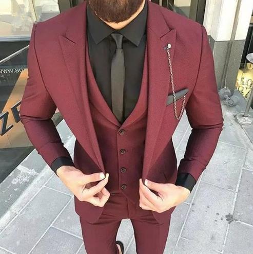 Voguable  2022 New Arrival Peak Black Lapel Groom Tuxedos Burgundy Men Suits Wedding 3 Pieces(Jacket+Pant+Vest+Tie)traje de novio par voguable