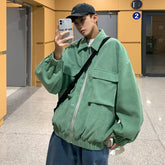 Green Gray Beige Corduroy Jacket Men's Fashion Retro Pocket Tooling Jackets Mens Streetwear Loose Hip-hop Bomber Jacket Men voguable