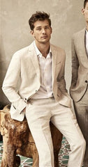 Voguable Costume Homme Linen Summer Beach Men Suit Groom Tuxedos Groomsmen Wedding Blazer Suits for Men Elegant 2 Pieces (Jacket+Pants) voguable