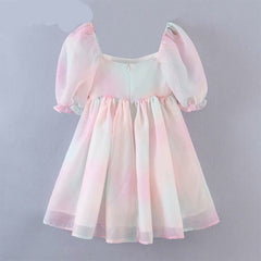 Voguable Sweet Women Multicolor Tie Dye Princess Party Dresses Sexy Square Neck Puff Sleeve Organza Dress Summer Short Vestido voguable