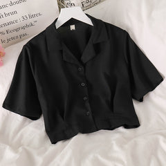Voguable Shirts Women Notched Crop Top Simple New Summer Ladies All-match Chic Elegant Ulzzang Harajuku Fashion Solid Chiffon Design Slim voguable
