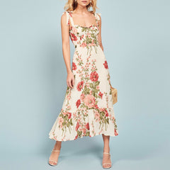 Summer Clothes For Women Boho Floral Print Beach Dress Sweetheart Neck Strap Tie Ruffle Hem Elegant Vintage Chiffon Midi Dress voguable