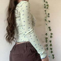 Voguable y2k Floral Print T-shirt Sweet Girl Square Collar Frill Full Sleeve Crop Top Aesthetic Fairy Grunge Vintage Pullovers Women Tees voguable