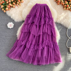Autumn Vintage Purple/Khaki/Black Ruffle Mesh Skirt Women Sweet High Waist A-Line Irregular Party Draped Faldas Female Saias New voguable