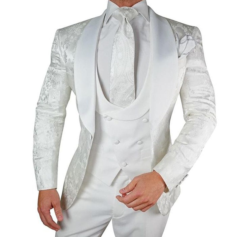 Voguable White Floral Wedding Tuxedo for Groom 3 Pieces Slim Fit Men Suits with Satin Shawl Lapel Custom Male Fashion Costume Jacket Vest voguable