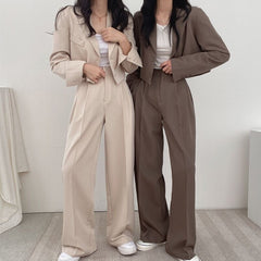 Korean Style Office Lady Blazer Sets Autumn Loose 2 Two Piece Set Women Long Sleeve Short Suit Coat + Straight Suit Pants Suits voguable