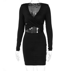 Voguable Long Sleeves V Neck Hollow Out Solid Mini Dress Summer Autumn Women Fashion Sexy Outfit Y2K Streetwear voguable