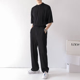 Pleated Sets Men Fashion Blue/Black/Beige Casual Ice Silk Sets Men Korean Loose Short Sleeve T-Shirt/Trousers Two Piece Men's voguable