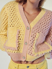 Voguable autumn new women's fashion artificial rhinestone jewelry hit color hollow design single-breasted retro sweet knitted jacket voguable