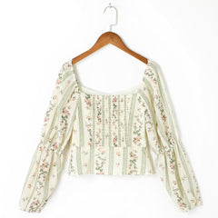 Floral Print Top Women Square Neck Front Buttons Fitted Vintage Elegant Blouse Double Puff Long Sleeve Ladies Chiffon Blouses voguable