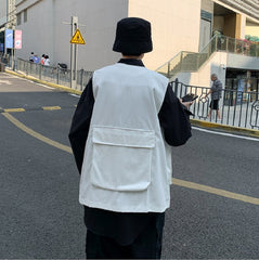 Mens Fashion Tooling Vest Men Streetwear Cargo Vest Hip Hop Sleeveless Jacket Gilet Military Multi-Pocket Outdoors Coat voguable