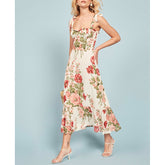 Summer Clothes For Women Boho Floral Print Beach Dress Sweetheart Neck Strap Tie Ruffle Hem Elegant Vintage Chiffon Midi Dress voguable