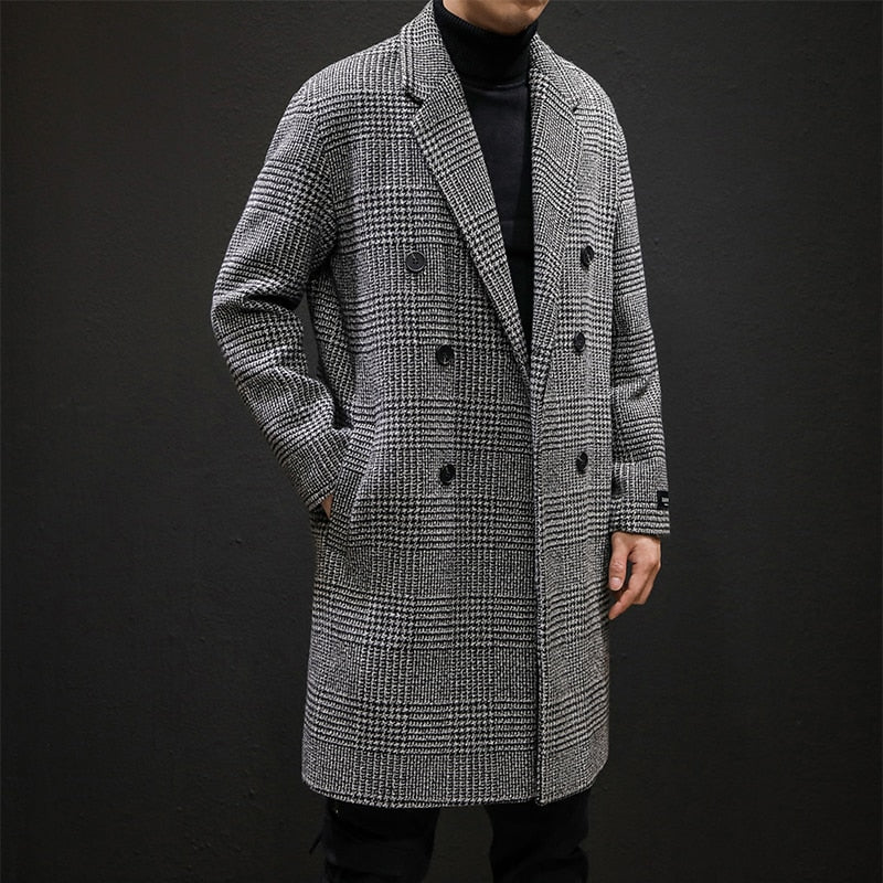 Voguable Casual Double Breasted Mens Wool Overcoat Winter 2019 Houndstooth Jacket Men Turn-down Collar Long Woollen Wind Coat voguable