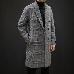 Voguable Casual Double Breasted Mens Wool Overcoat Winter 2019 Houndstooth Jacket Men Turn-down Collar Long Woollen Wind Coat voguable