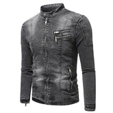 Voguable New Motorcycle Denim Jacket Men Retro Zippers Stand Collar Denim Coats Mens Cotton Slim Fit Denim Jacket Moto Biker Outerwear voguable