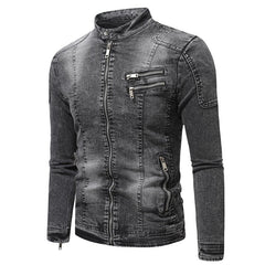 Voguable New Motorcycle Denim Jacket Men Retro Zippers Stand Collar Denim Coats Mens Cotton Slim Fit Denim Jacket Moto Biker Outerwear voguable